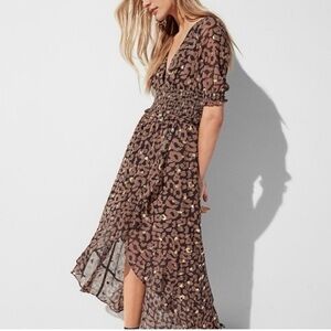 NWT Express Dress Women Animal Print Smocked Waist Maxi High Low Metallic Large